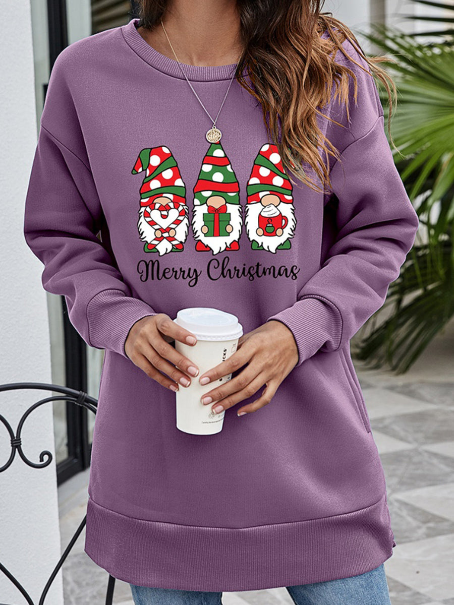 Purple tunic sweatshirt with Christmas gnomes graphic and Merry Christmas text.