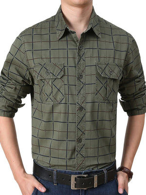Plus-size casual long-sleeve shirt in army green plaid with buttoned chest pockets.