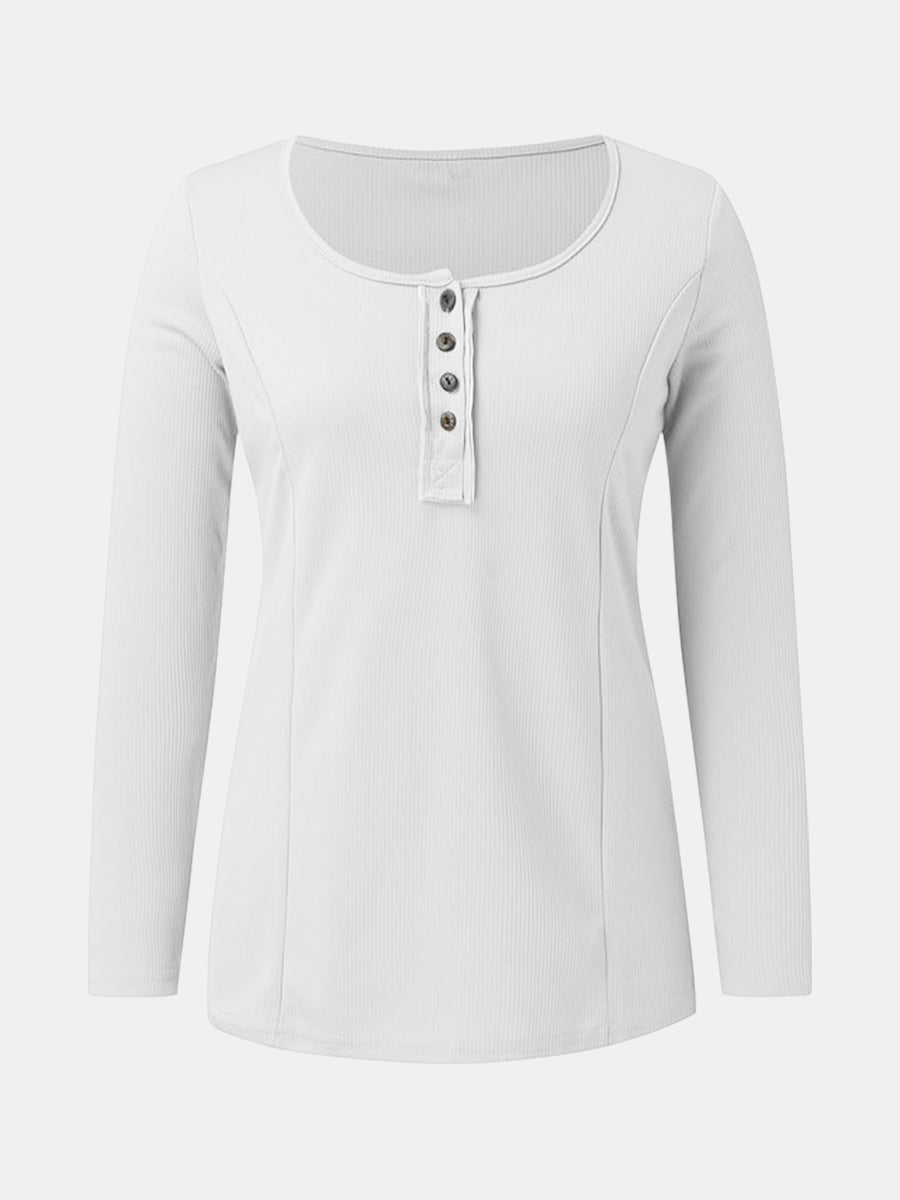 White ribbed henley scoop neck top with button detail