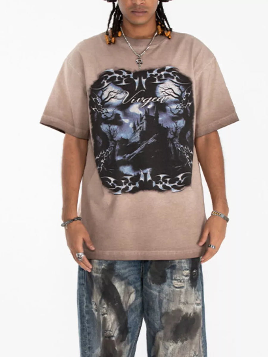 taupe t-shirt with graphic print and crew neck