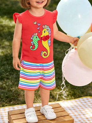 Red seahorse graphic tee with ruffle sleeves and rainbow striped shorts set.