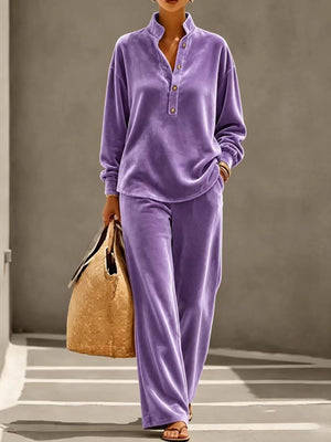 100% polyester Care instructions: Machine wash cold pajama set in Purple with relaxed silhouette