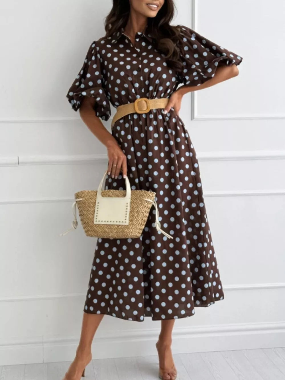 chocolate brown midi dress with polka dot and collared