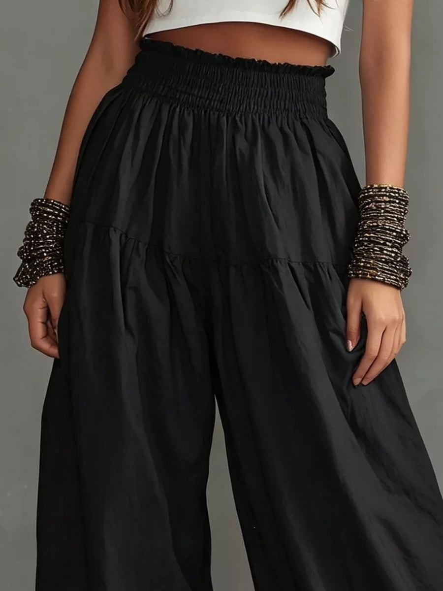 Black Full Size Smocked Ruffle Hem Wide Leg Pants