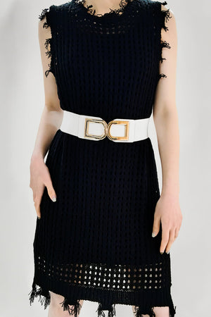White elastic belt with double gold buckle detail