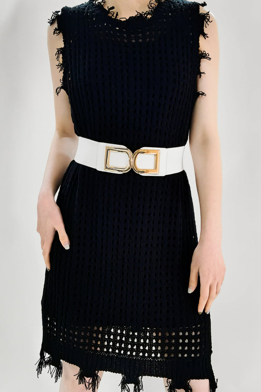 White elastic belt with double gold buckle detail