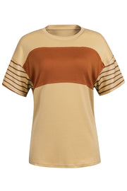 Colorblock raglan tee in tan and chocolate with striped sleeves and crew neck.