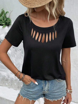 Black short-sleeve t-shirt with a cutout detail at the neckline.