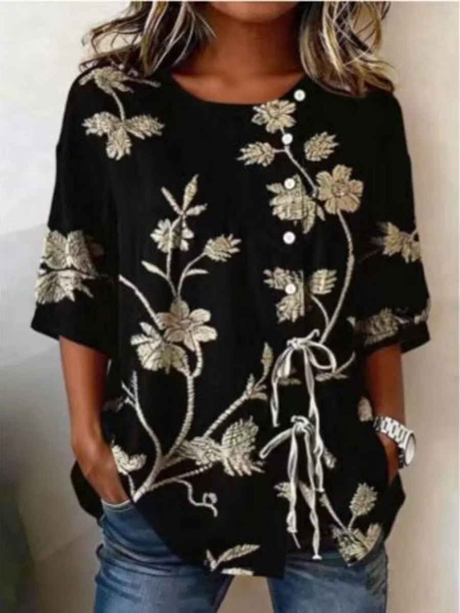 Embroidered Floral Tie Front Shirt Plus Size in Grey