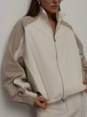 Black Color Block Zip Up Outerwear And Pants Set