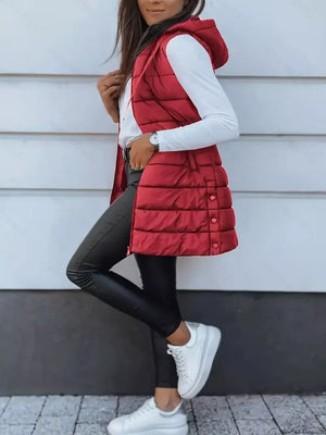 casual puffer vest in Chocolate with hooded