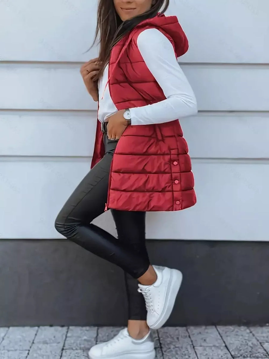 casual puffer vest in Chocolate with hooded