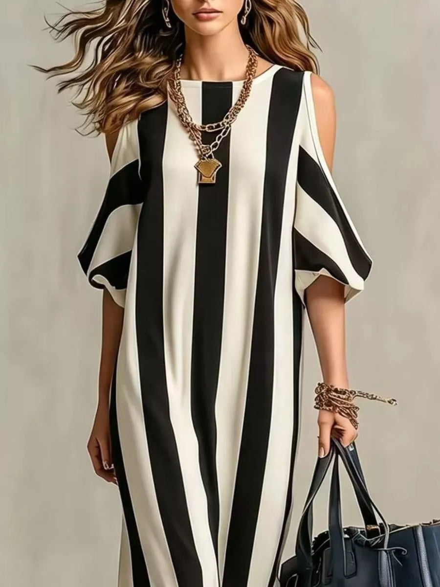 Yellow Striped Cold Shoulder Maxi Dress