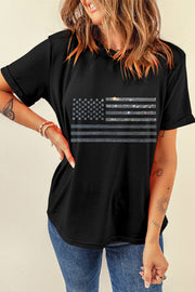 Black cotton-blend tee with embellished crystal American flag graphic.