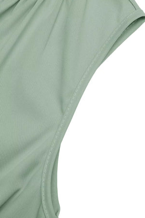 Elegant high-low a-line dress in sage green with ruched waist detail and cap sleeves.