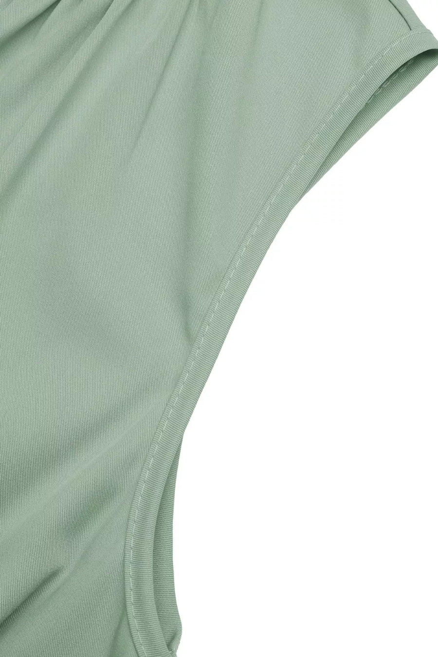 Elegant high-low a-line dress in sage green with ruched waist detail and cap sleeves.