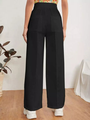 Black high-waisted maternity pants with wide legs and a center seam.