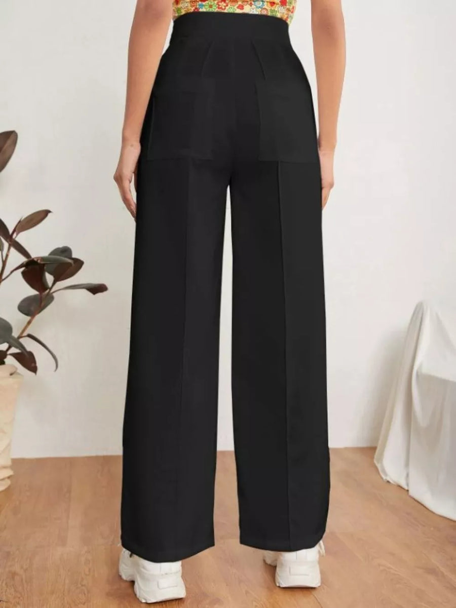 Black high-waisted maternity pants with wide legs and a center seam.