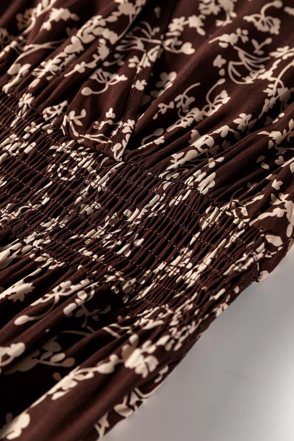 Ditsy Floral Print Split Neck Mini Dress in Coffee Brown, view 13