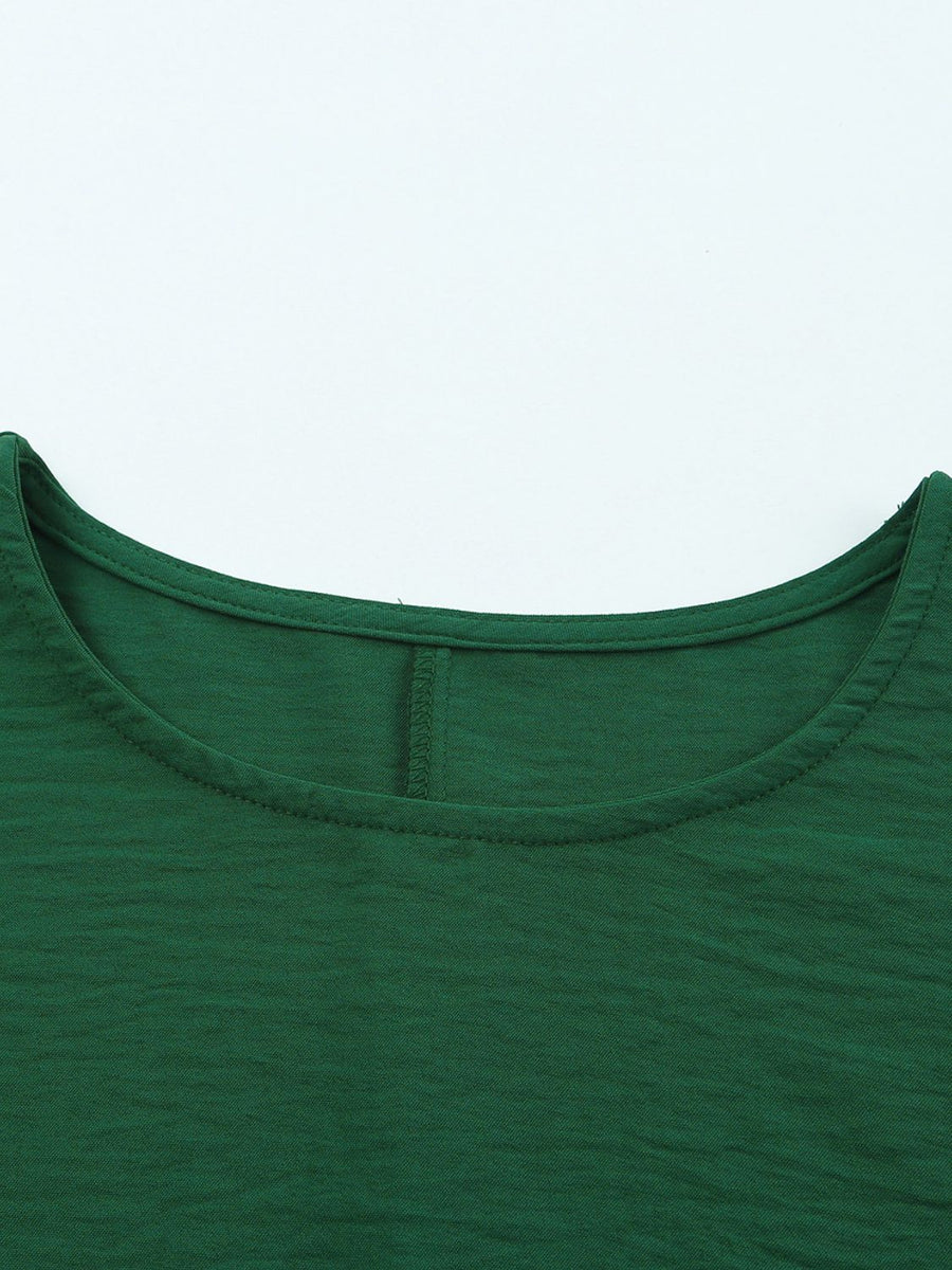 Dark green textured sleeve blouse with crew neck and elastic cuffs