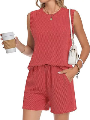 Red ribbed knit sleeveless top and shorts set with pockets