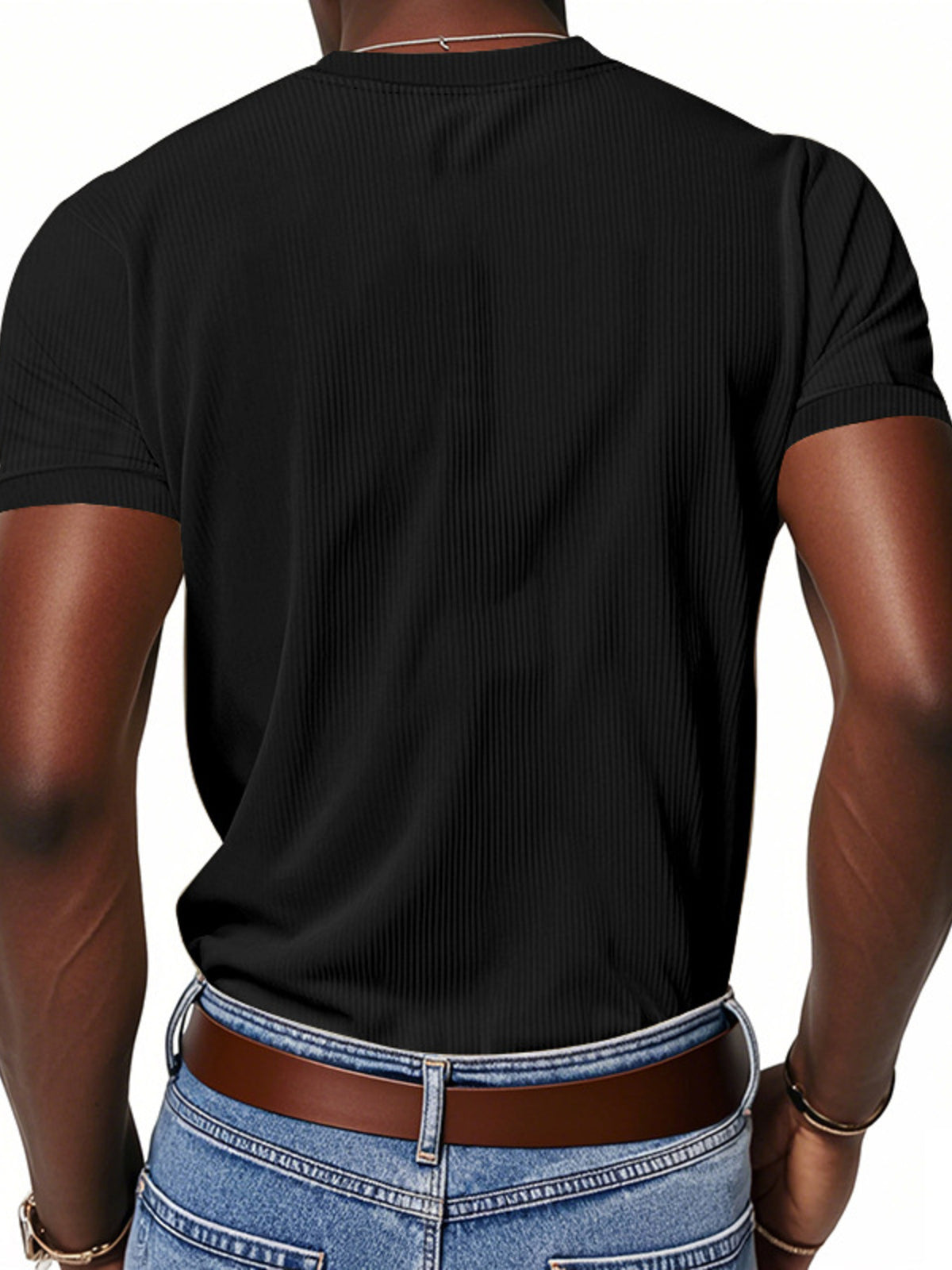 Black ribbed V-neck t-shirt with short sleeves, shown from the back.