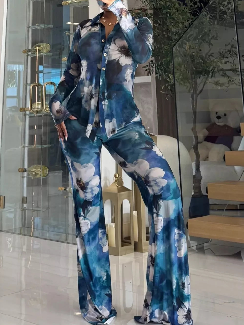 Sky Blue with Printed Mesh Shirt And Pants Set