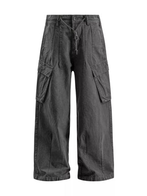 Dark grey washed cotton cargo pants with drawstring waist and flap pockets.