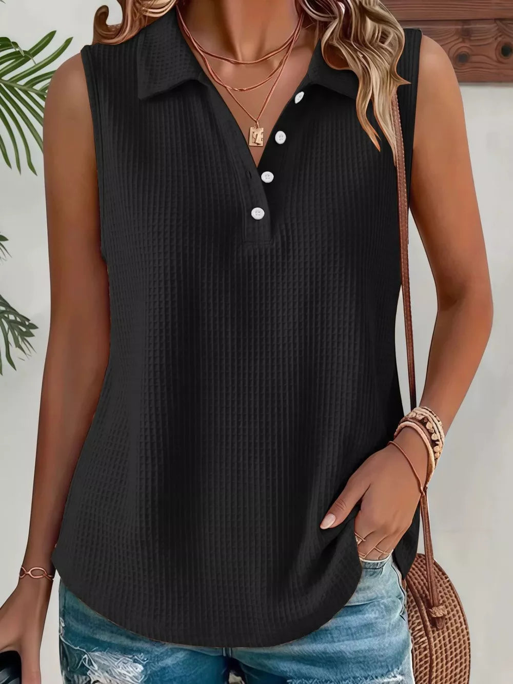 Full Size Waffle Knit Button Detail Sleeveless Top in Black