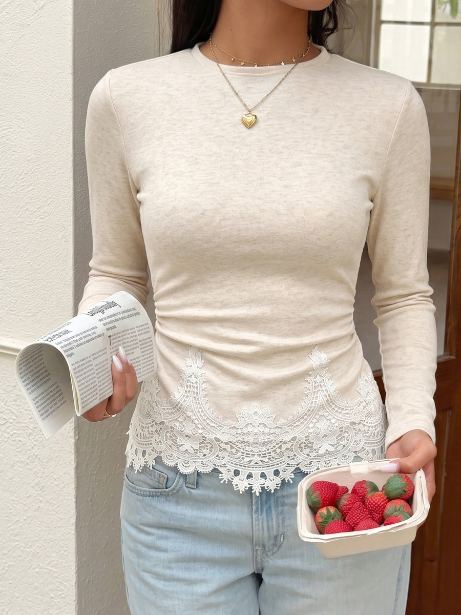 Beige long sleeve top with white lace trim