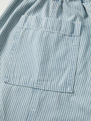 Light blue striped denim jeans with drawstring waist and back pocket detail.