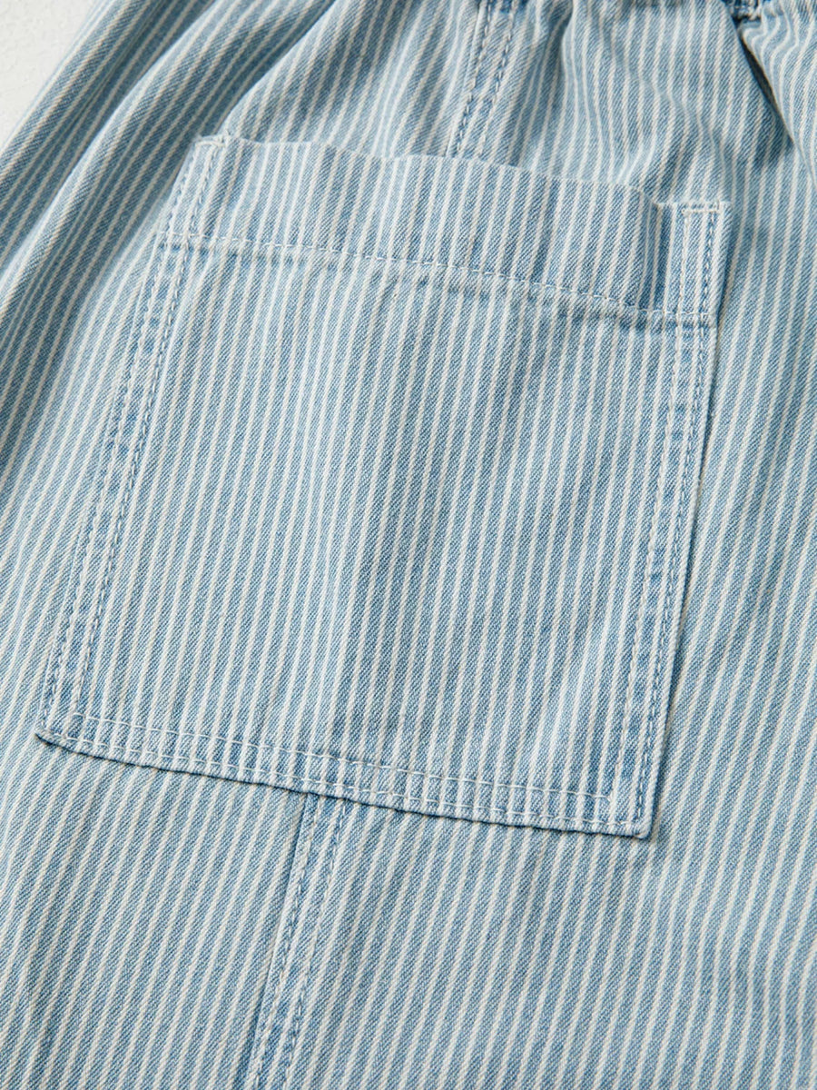 Light blue striped denim jeans with drawstring waist and back pocket detail.
