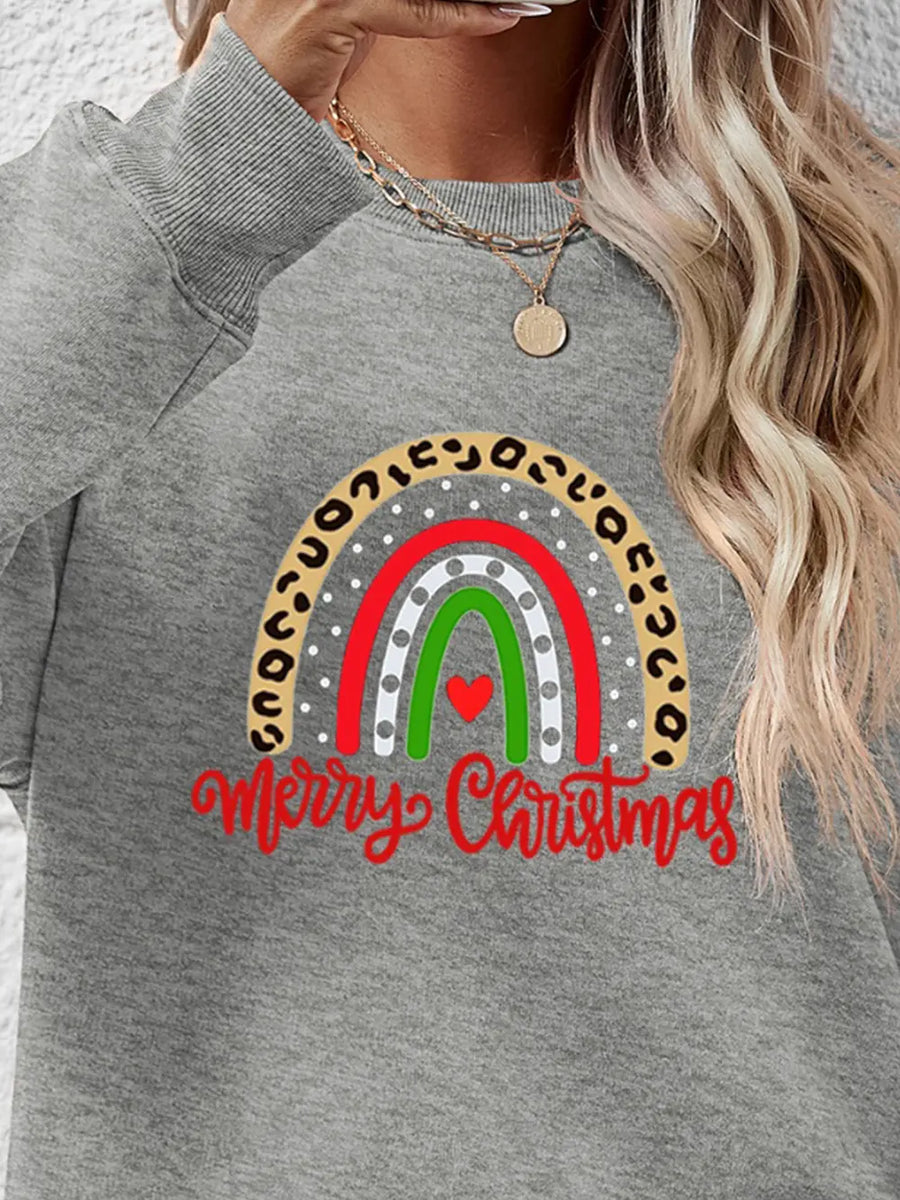 Grey sweatshirt with rainbow graphic and Merry Christmas text