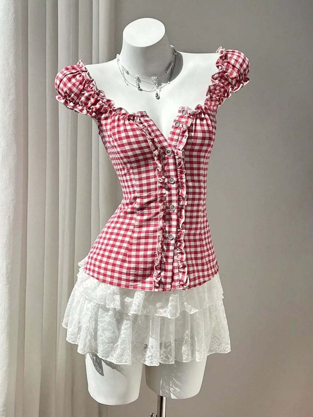 Frill Gingham Cap Sleeve Blouse in this colorway