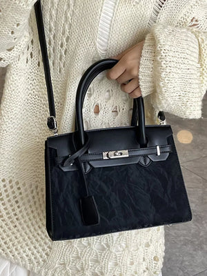 Textured Leather Top-handle Handbag in Black