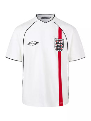 Men's white half sleeve tee with contrast red stripe and black trim.