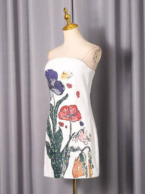 White with Strapless Floral Mini Dress in White