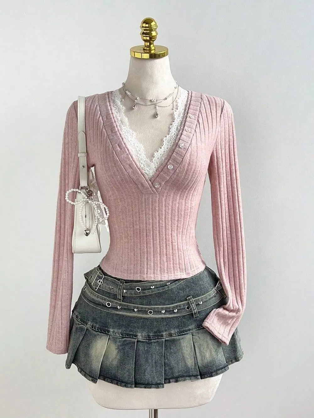 White with V-neck Lace Trim Ribbed Knit T-shirt in White