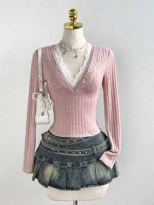 White with V-neck Lace Trim Ribbed Knit T-shirt in White