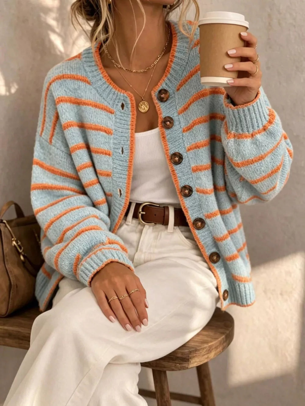 sky blue cardigan with striped and round neck