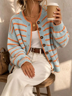 sky blue cardigan with striped and round neck