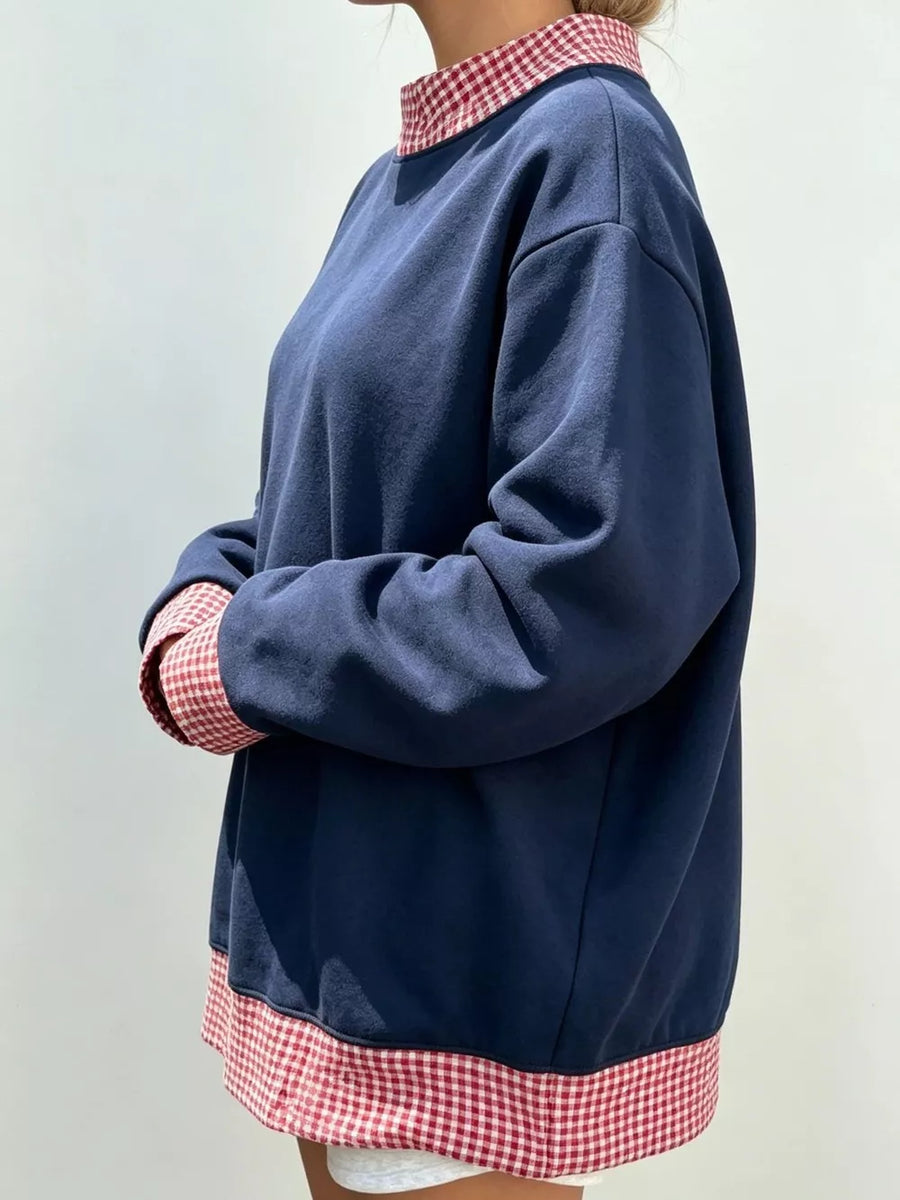 heather gray sweatshirt with pullover and polka dot