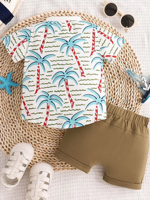 Children's Palm Tree Print T-shirt And Shorts Set in Light Green