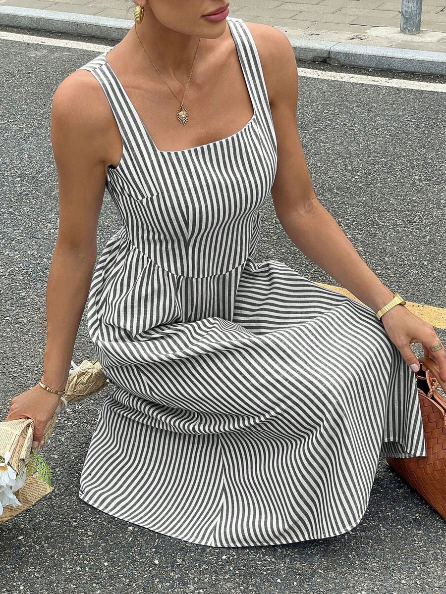 Striped square neck midi dress in black and white cotton blend with a-line cut.