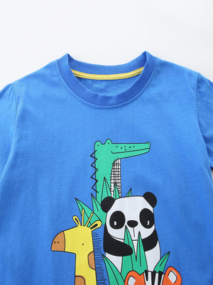 Blue cotton tee with playful jungle animal print, featuring a giraffe, panda, alligator, and tiger.