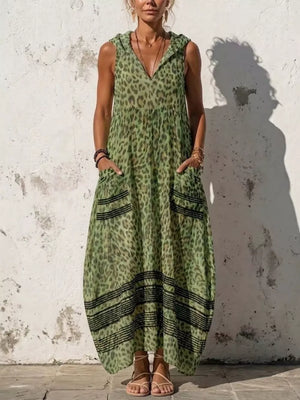 Yellow Sleeveless Hooded Leopard Print Maxi Dress