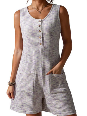 Textured button front romper in lavender with waffle knit, scoop neck, and patch pockets.