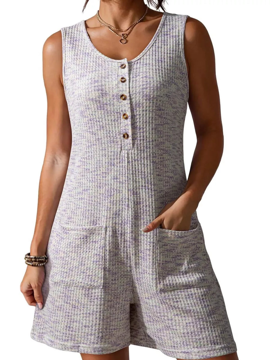 Textured button front romper in lavender with waffle knit, scoop neck, and patch pockets.
