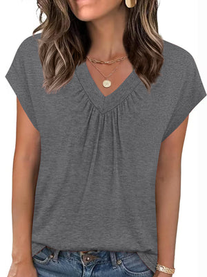 Gray ruched v-neck t-shirt with short sleeves and a relaxed fit.