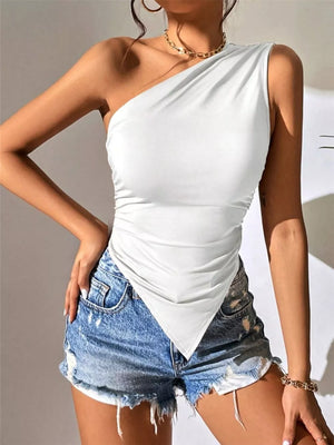 White asymmetrical ruched tank top with a one-shoulder neckline and handkerchief hem.
